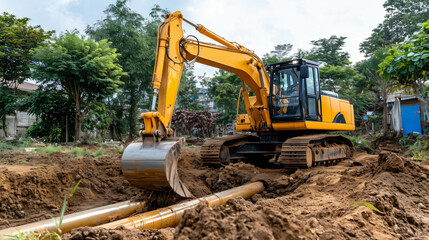 Yellow excavator digging a trench for water pipes installation in the city