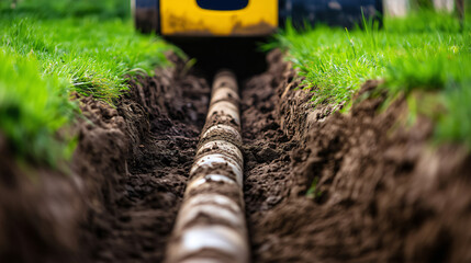 Fototapeta premium Excavator digging trench installing underground pipes in garden