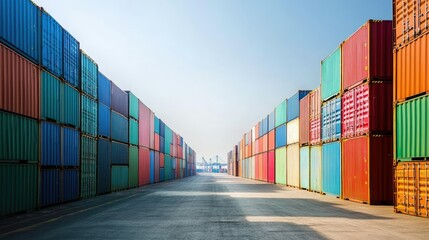 Fototapeta premium Rows of shipping containers at a port, leaving clear space for logistics content.