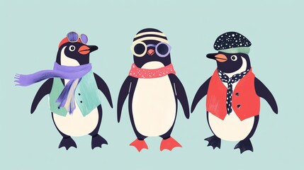 Fototapeta premium Stylish Penguins in Winter Outfits - Fun and Whimsical Cartoon Art Fashion Trend Costume