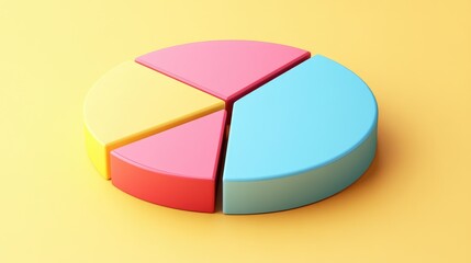 Obraz premium A colorful pie chart with four segments in yellow, pink, red, and blue, against a yellow background.
