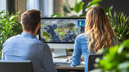 Two scientists analyzing data from a satellite image of earth on a computer screen