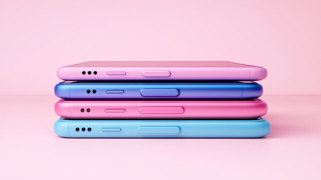 A stack of cell phones on a pink background. The phones are of different sizes and colors, and they are piled on top of each other. Concept of clutter and disorganization