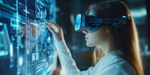 Scientist wearing vr headset interacting with digital interface, touching virtual screen