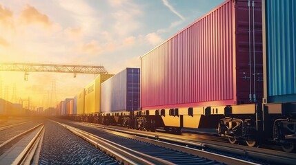 Obraz premium Shipping containers being loaded onto a freight train, with space for logistics text.