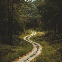Fototapeta premium small winding, grassy dirt road in the middle of a forest. 