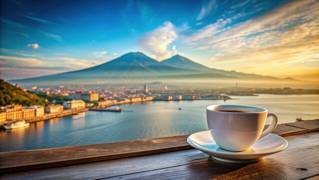 Espresso coffee cup with stunning view of Mt. Vesuvius in Naples