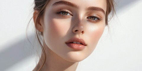 A close-up portrait of a young woman with natural makeup. Her glowing skin and soft features express beauty and confidence. Ideal for beauty and skincare promotions. AI