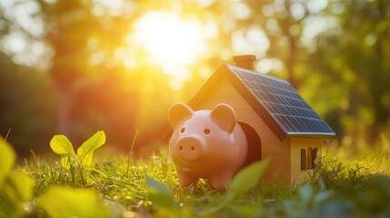 Solar-powered piggy bank house under bright sunlight, showcasing eco-friendly and money-saving living. Copy space available.