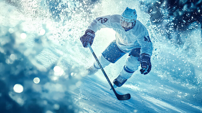 A professional ice hockey player. A hockey player is skating on the ice with a stick in his hands, leaving snow swirls behind him. The concept of ice hockey training. A sports competition