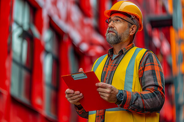 Senior Construction Engineer with Clipboard Pointing Up in Safety Gear