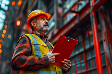 Senior Construction Engineer with Clipboard Pointing Up in Safety Gear