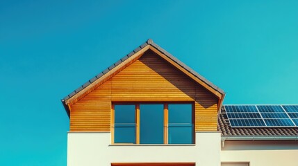 Stylish modern house with rooftop solar panels under clear blue skies, representing sustainable architecture. Room for copy space.