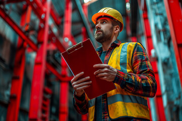 Construction Engineer with Clipboard Pointing Up in Safety Gear