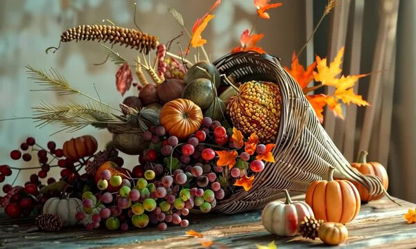 A large pumpkin is surrounded by a variety of fruits and vegetables 4K Video