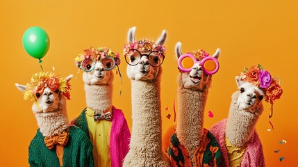 Fashion Trend Costume Adorable Llamas in Floral Headbands and Sunglasses - Whimsical and Fun Illustration