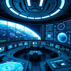 Obraz premium Space control room with advanced technology and multiple screens overlooking Earth