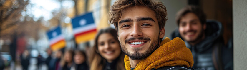 Young voters smiling and taking selfie in front of flags, capturing moment of joy and engagement in democratic process