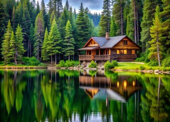 Log cabin amidst towering pines, nestled on the edge of a serene lake, surrounded by lush foliage