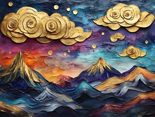 A vibrant abstract painting of a mountain range with golden clouds against a starry night sky.