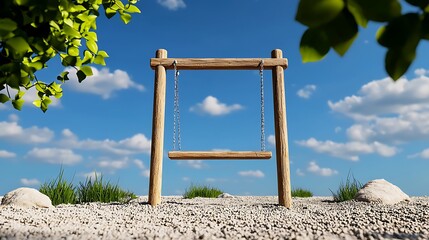 A wooden swing set sways gently under a vast blue sky, white clouds floating lazily by.
