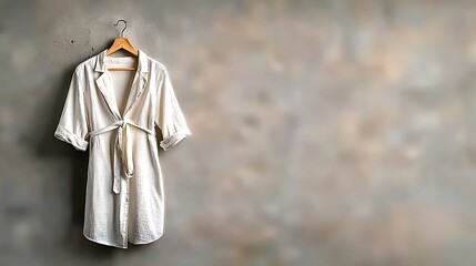 Fototapeta premium A crisp white linen shirt hangs on a wooden hanger against a cool concrete wall, minimalist and refined.