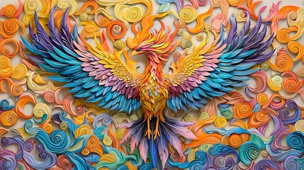 A colorful phoenix bird rises in paper art, its vibrant form symbolic of renewal and creativity.