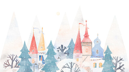 Fototapeta premium Fairytale town in the mountains. Winter landscape, snowy trees, houses, mountains. Children's decor. Watercolor illustration.