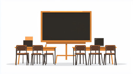 Fototapeta premium A classroom with a blackboard and a row of chairs. The chairs are empty and the blackboard is blank