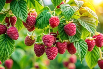 Lush green raspberry tree stands tall, its branches heavy with ripe, juicy raspberries amidst a tapestry of natural