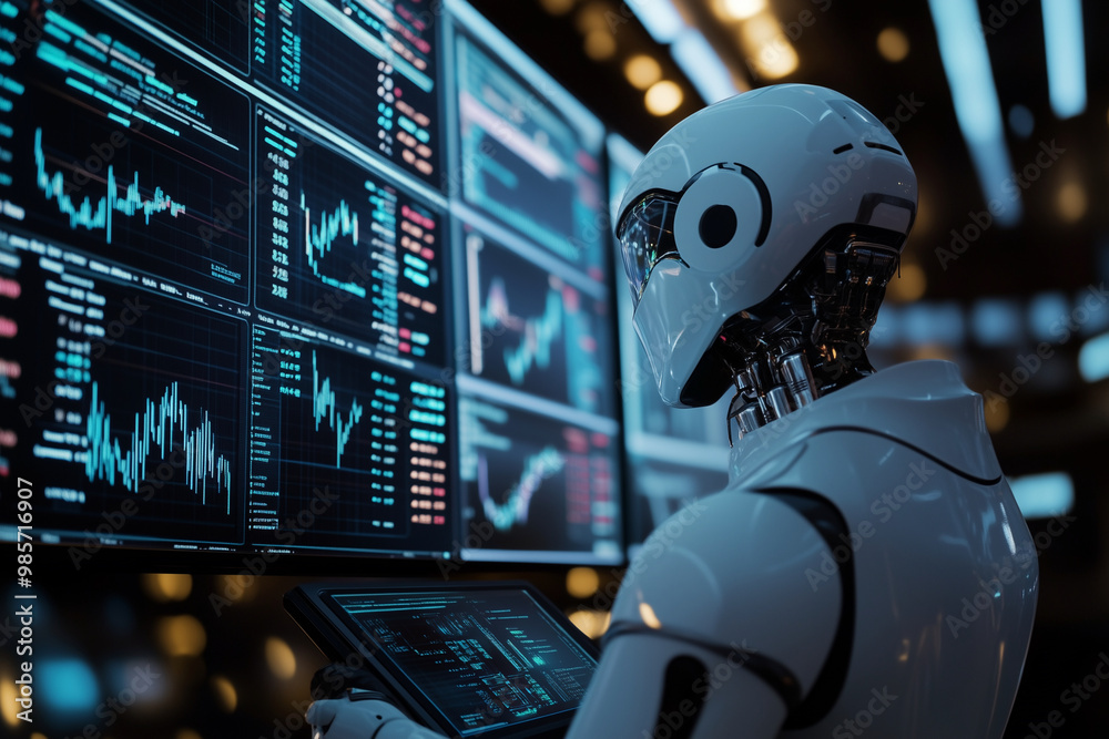 Aufkleber robot is sitting at a computer desk with several monitors displaying financial data. the robot appea