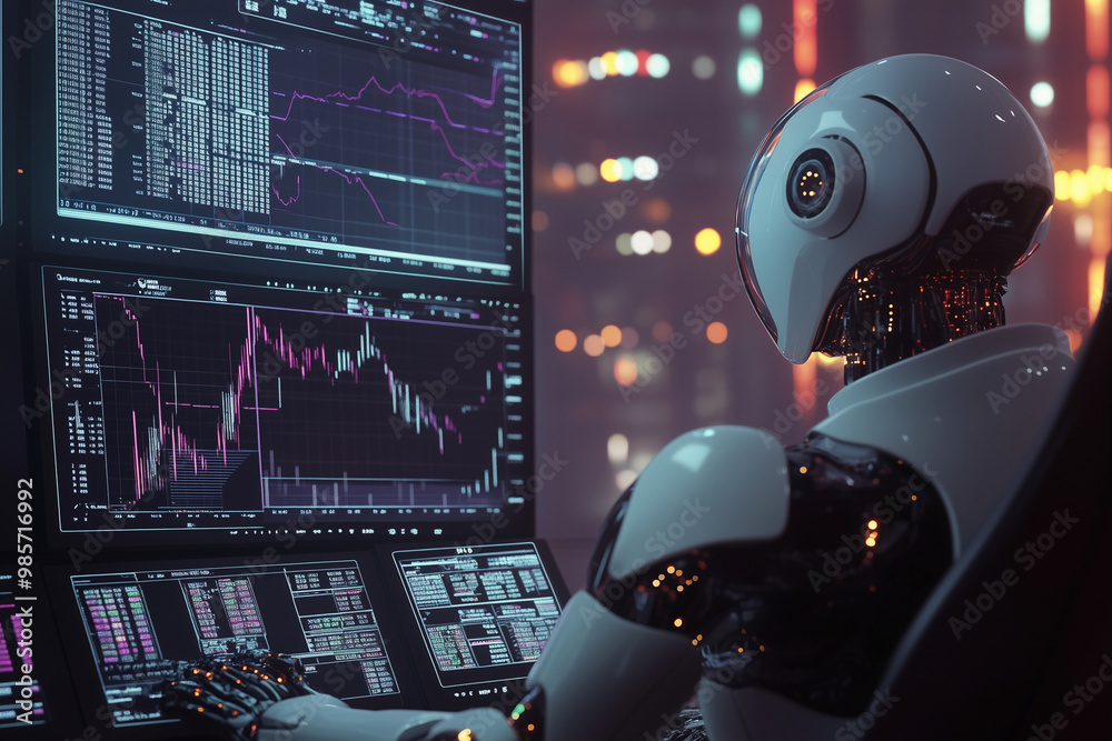 Aufkleber robot is sitting at a computer desk with several monitors displaying financial data. the robot appea