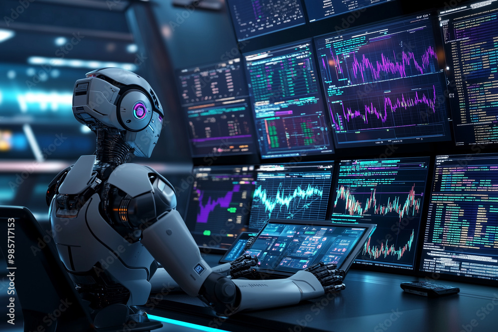 Aufkleber robot is sitting at a computer desk with several monitors displaying financial data. the robot appea
