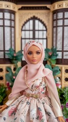 Obraz premium Elegant Hijabi Doll in Floral Dress with Architectural Backdrop