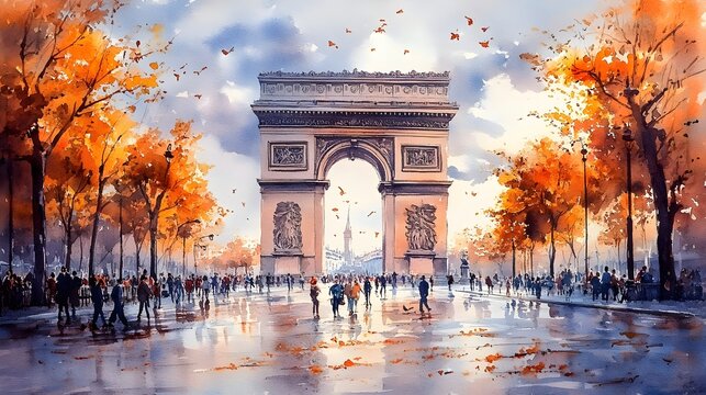 A watercolor painting of the Arc de Triomphe in Paris, France. The trees are all yellow and orange, and the sky is a pale blue. The street is wet from rain, and there are people walking by.