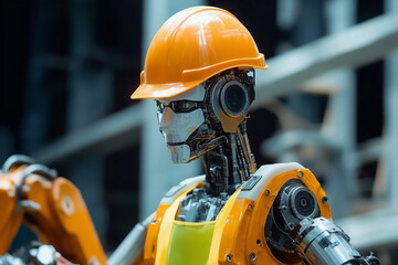 Fototapeta premium robot wearing a yellow vest and orange helmet stands in front of a crane. The robot's face is black and yellow, and it is a construction worker. Concept of industrial work and machinery