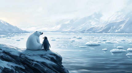 A penguin and a polar bear are sitting on a snowy rock. The scene is peaceful and serene, with the two animals looking out over the ocean