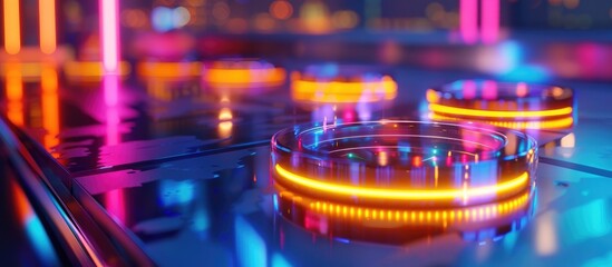 Abstract background with vibrant neon lights futuristic digital equipment and a mix of colors and textures creating a captivating atmosphere reminiscent of a nightclub music studio