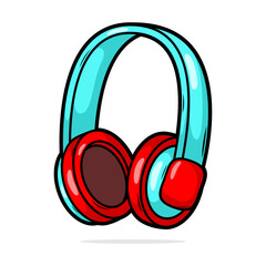 Hand drawn cute cartoon illustration of wireless headphones. Flat vector headset sticker in simple colored doodle style.