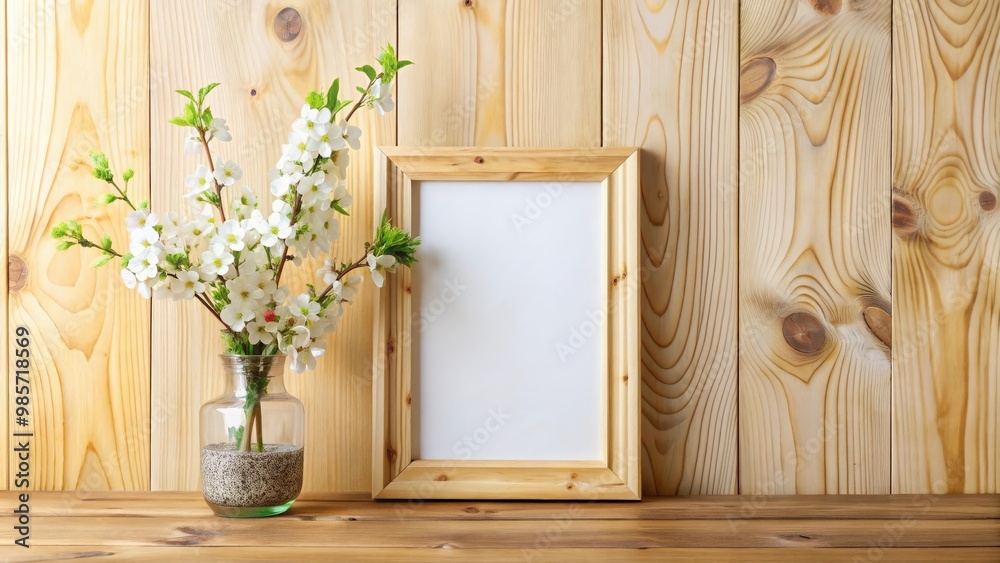 Poster vertical interior mockup with empty wooden frame and blooming twig on wooden wall background renderi