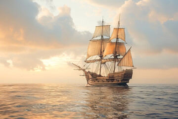Obraz premium Ancient carrack sailing ship navigating calm ocean at sunset