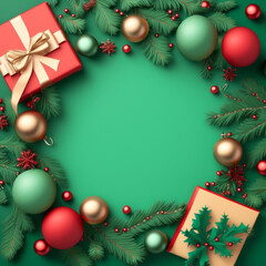 Christmas Ornaments  Gift  Pine Branches Green Background