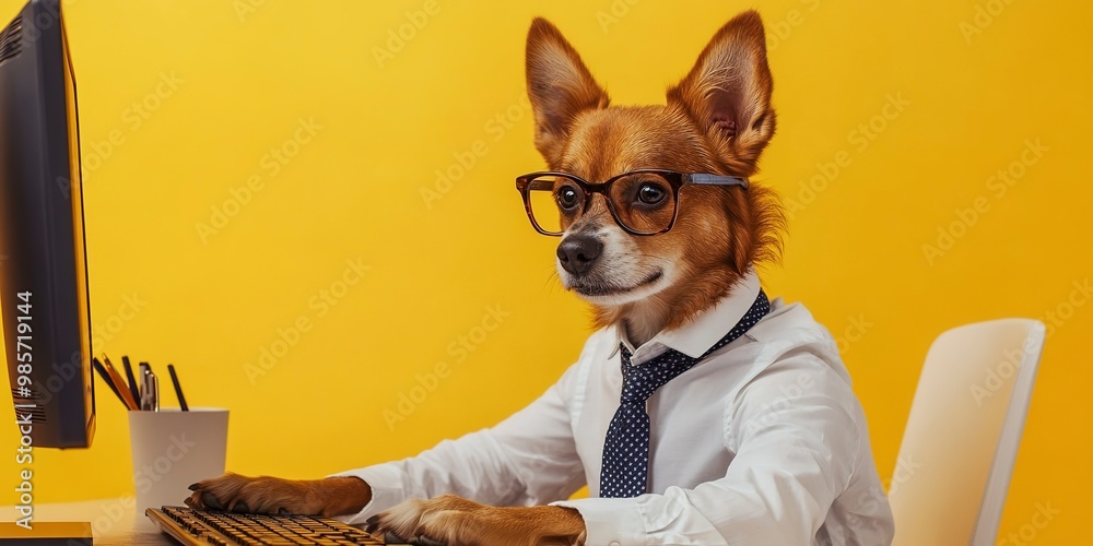 Sticker Cool dog in a shirt and tie working at a computer on a yellow background. 