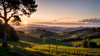 Naklejka premium A beautiful rolling green field in Tuscany at sunrise