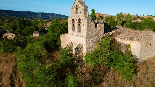 Aerial view of Barcena de Bureba, an ancient ghost town in Burgos province, Castile and Leon, Spain. High quality 4k footage