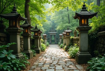 Pathway in Japanese Garden with Stone Lanterns