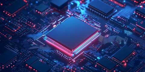 Fototapeta premium Concept CPU microchip for ai and data network. Close-up view of modern chip gpu card with circuit blue neon lights 