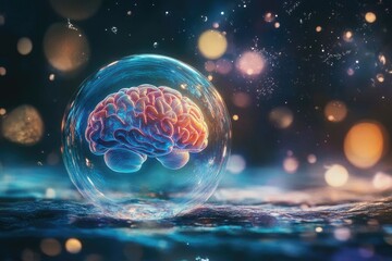 Naklejka premium Human brain floating in a bubble, surrounded by calming colors, representing fragile mental health