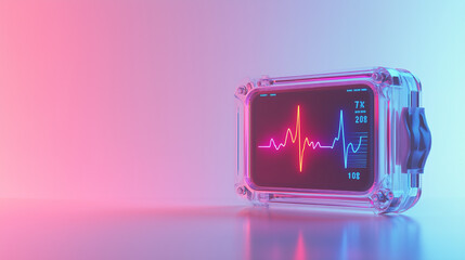 A red screen with a heart on it sits on a table. The heart is beating rapidly, and the screen is lit up in red. Concept of urgency and anxiety
