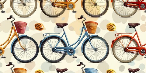 Seamless pattern of vintage bicycles in pastel colors arranged on a soft beige background for a retroinspired design